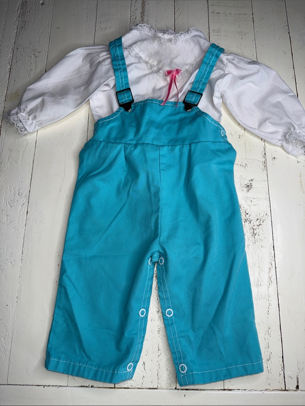6-12m 1970s mini togs Baby Turquoise Overalls with White lace Long-Sleeve Shirt